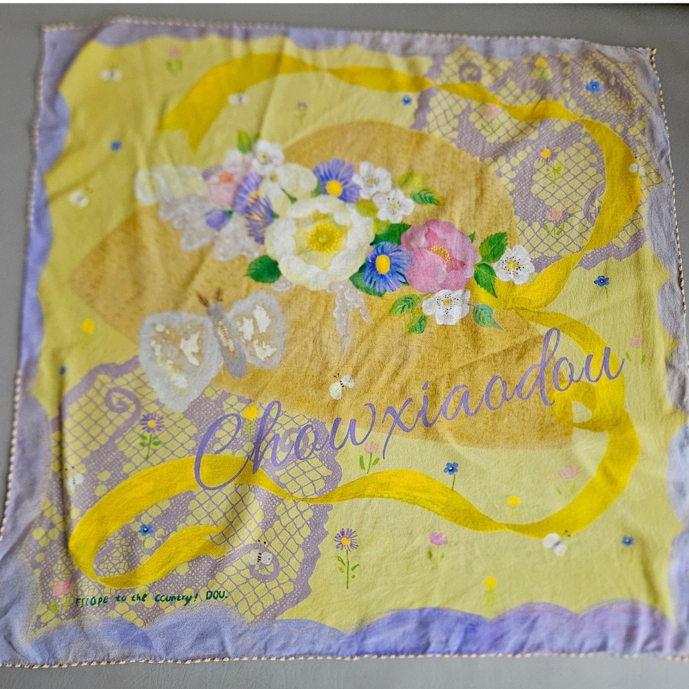 Chow xiao dou Escape to the Country Floral Butterfly Square Scarf Green Lavender